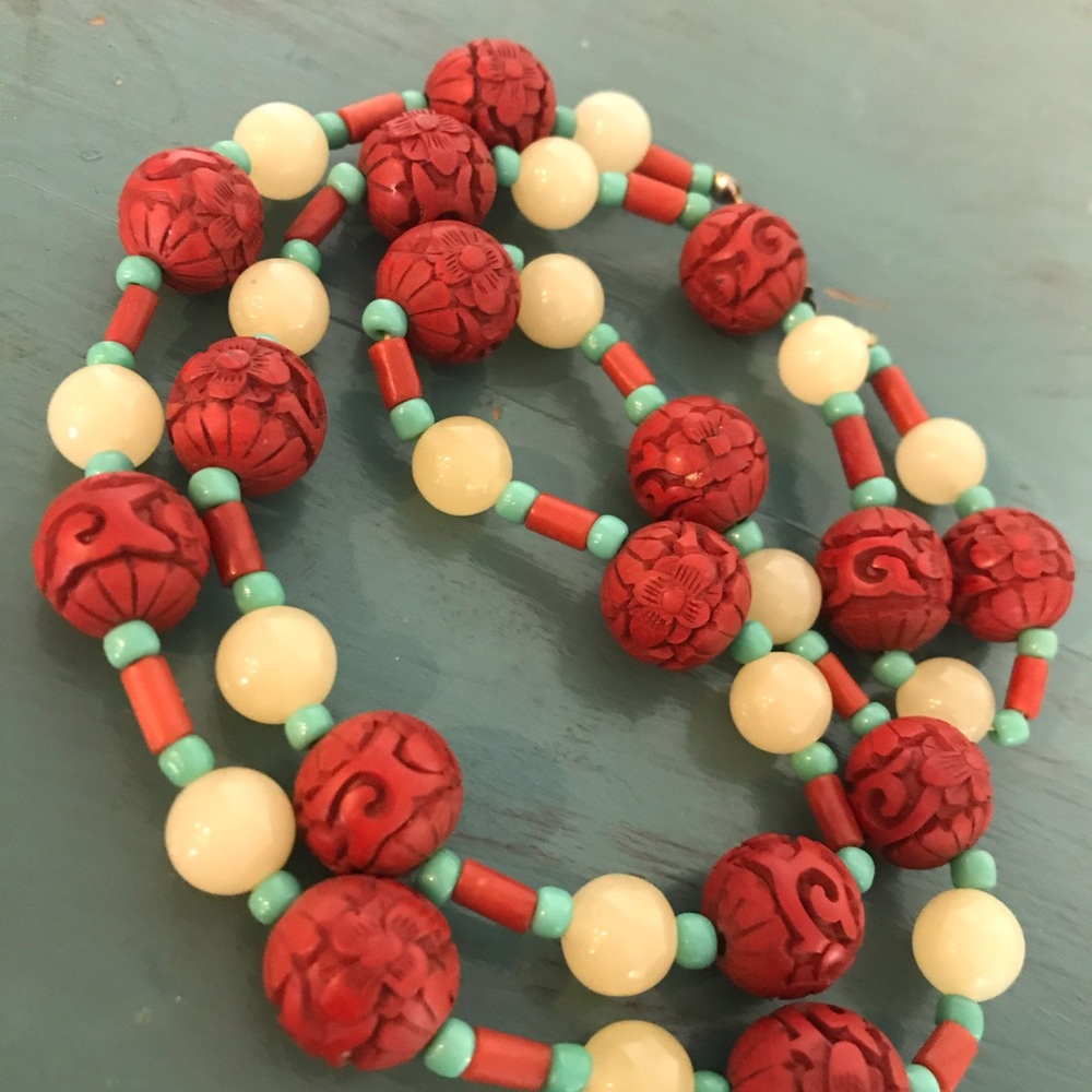 Vntg Cinnabar Coral & Yellow Stone Beads Necklace